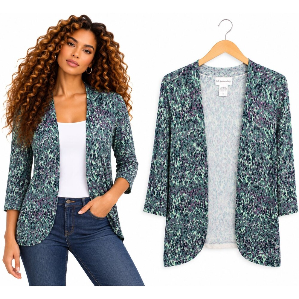 Soft Surroundings Open Front Cardigan Size XS Green Abstract Floral 3/4 Sleeve